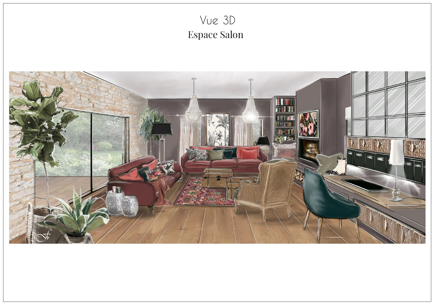 Vue 3D Espace Salon maison de campagne